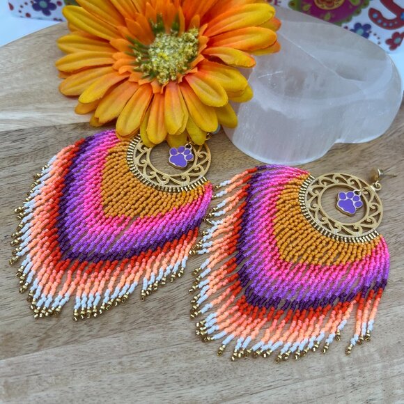 Handmade Beaded Long Fringe Paw Love Dangle Drop Lightweight Post Hoop Earrings - Picture 7 of 10